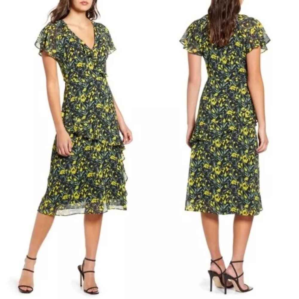 All in Favor Black Yellow Floral Midi Dress Size Small